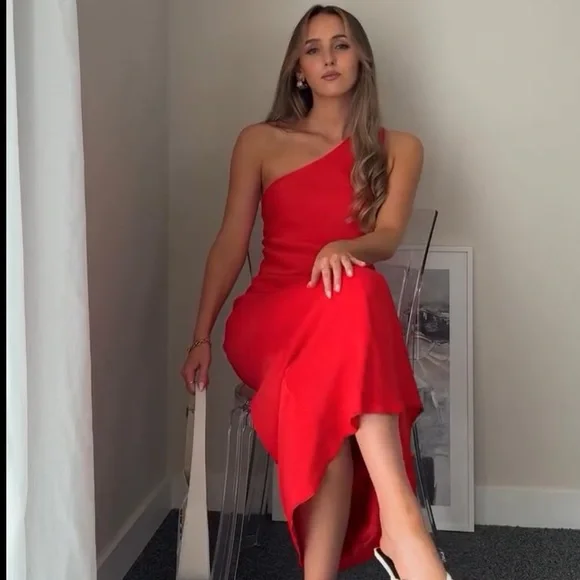 ZARA ASYMMETRIC SATIN EFFECT MIDI DRESS RED XS - Picture 9 of 16